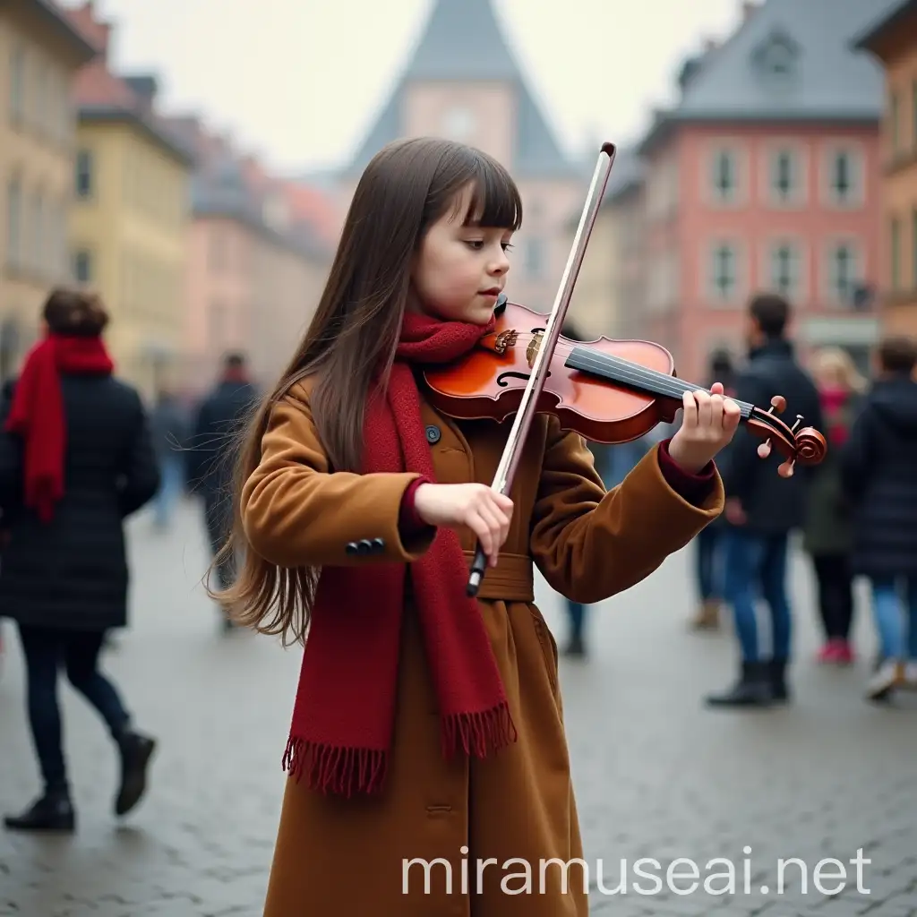 Passionate Little Girl Playing Violin in Winter Town Square