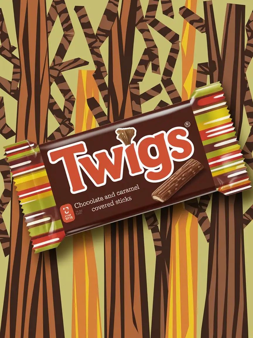 twix style candy bar wrapper that says twigs chocolate and caramel covered sticks