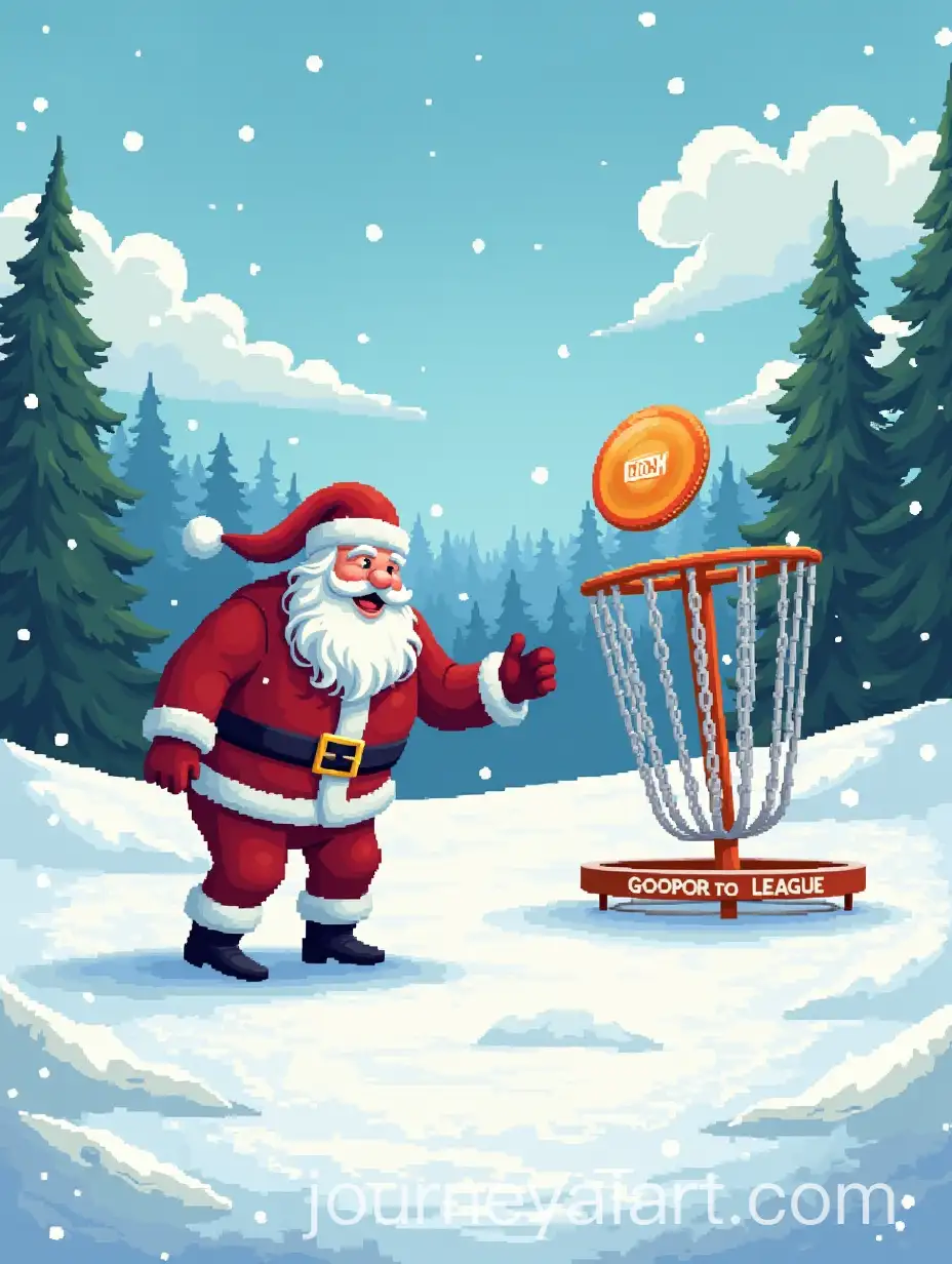 Santa-Claus-Playing-Disc-Golf-in-Snowy-Park-with-GDK-LEAGUE-Basket