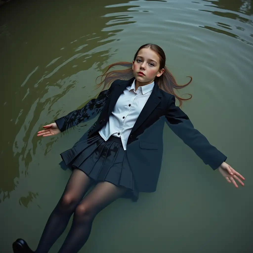 A young schoolgirl in a school uniform, in a skirt, jacket, blouse, dark tights, high-heeled shoes. She is swimming in a dirty pond, lying underwater, all her clothes are completely wet, wet clothes stick to her body, the whole body is underwater, submerged in water, under the surface of the water, below the water's edge.