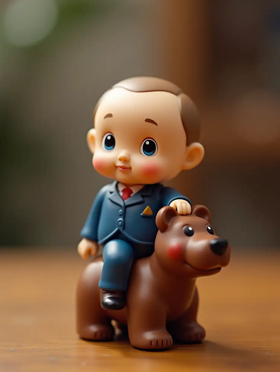 Putin is a collectible figurine from kinder surprise. Sits on a bear. Stands on a wooden table. The toy is realistic, made of plastic, cast, glossy, with a large head and a sweet facial expression. The figure is styled as a collectible toy from the 90s, like hippos from kinder surprise. Blurred background, accent on the figure.
