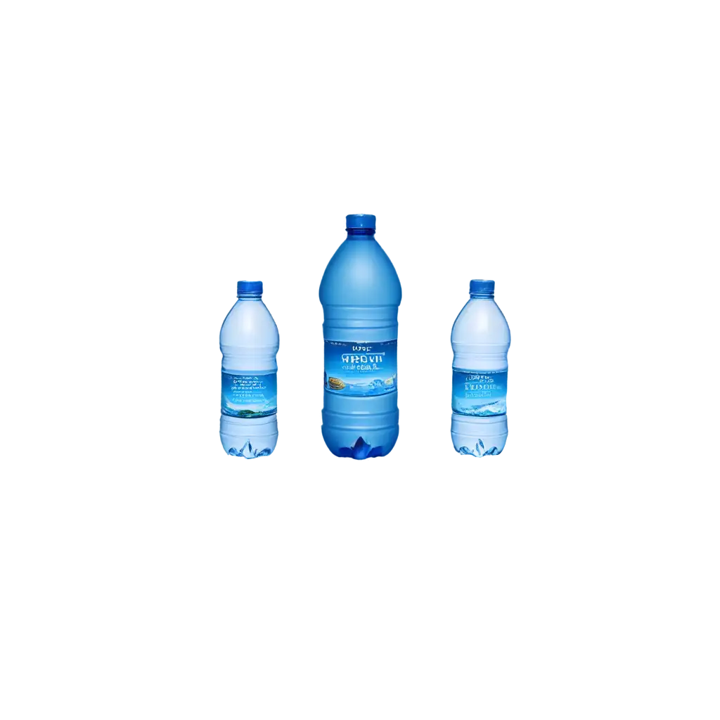 image 3 bottles of clean water, with blue-colored bottle caps