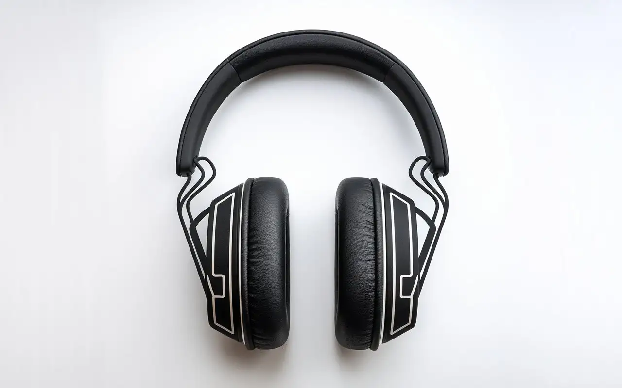 Black outline of a pair of over-ear headphones with bold, clean lines, placed on a white background, simple and modern.