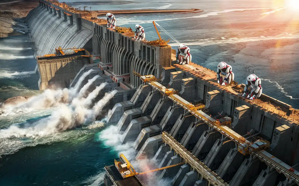 Massive Hydroelectric Dam Construction by AI Robots in Natural Daylight