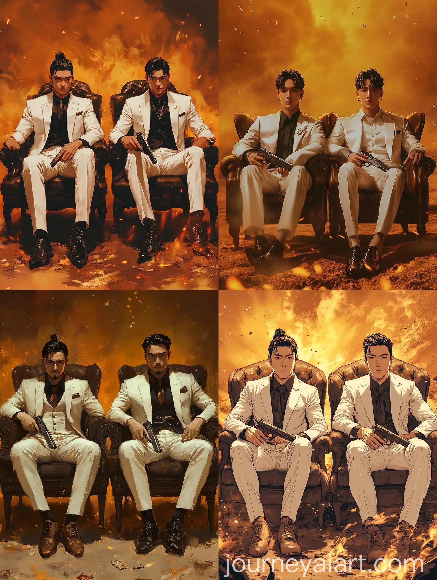 Two-Men-in-White-Suits-with-Guns-in-Ominous-Setting