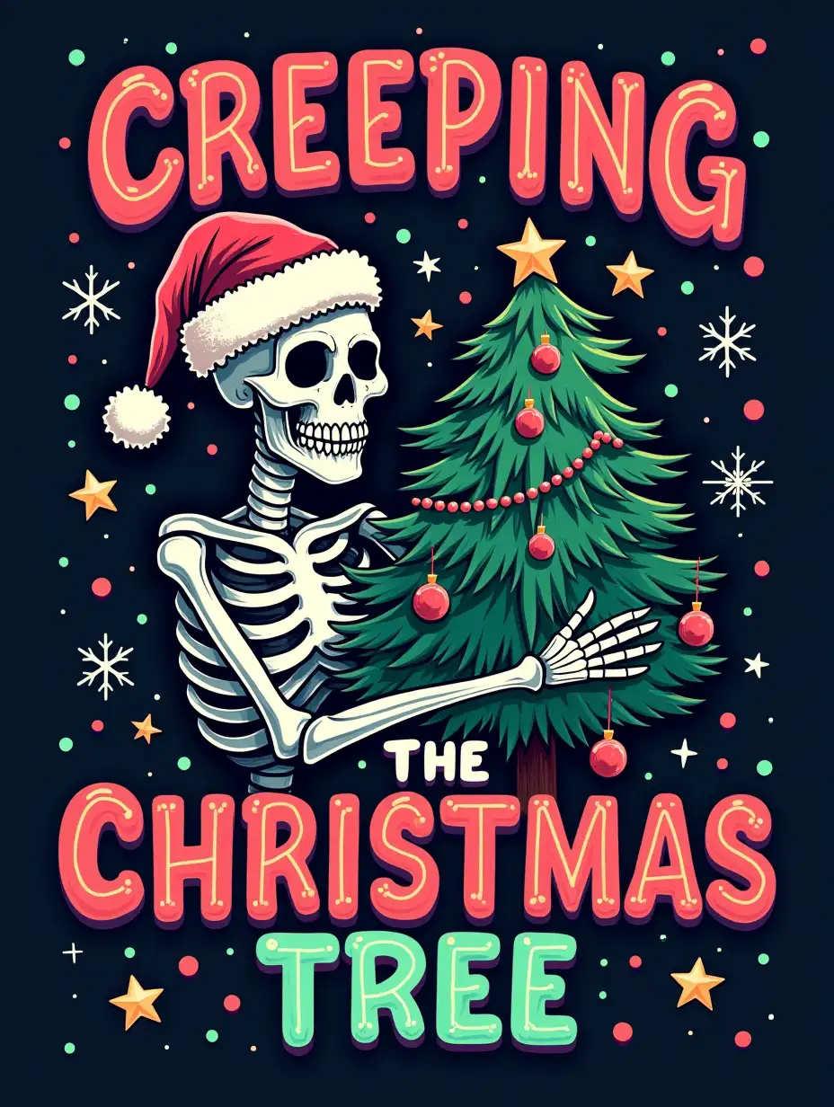 Oil painting ART. Create a Halloween-themed graphic featuring a skeleton wearing a Santa hat, hugging a Christmas tree. The skeleton should have a mischievous grin and be surrounded by snowflakes and stars. The text 'CREEPING AROUND THE CHRISTMAS TREE' should be prominently displayed in bold neon, contrasting colors, with a playful, handwritten style. The overall style should be lighthearted and fun, with a touch of spookiness.