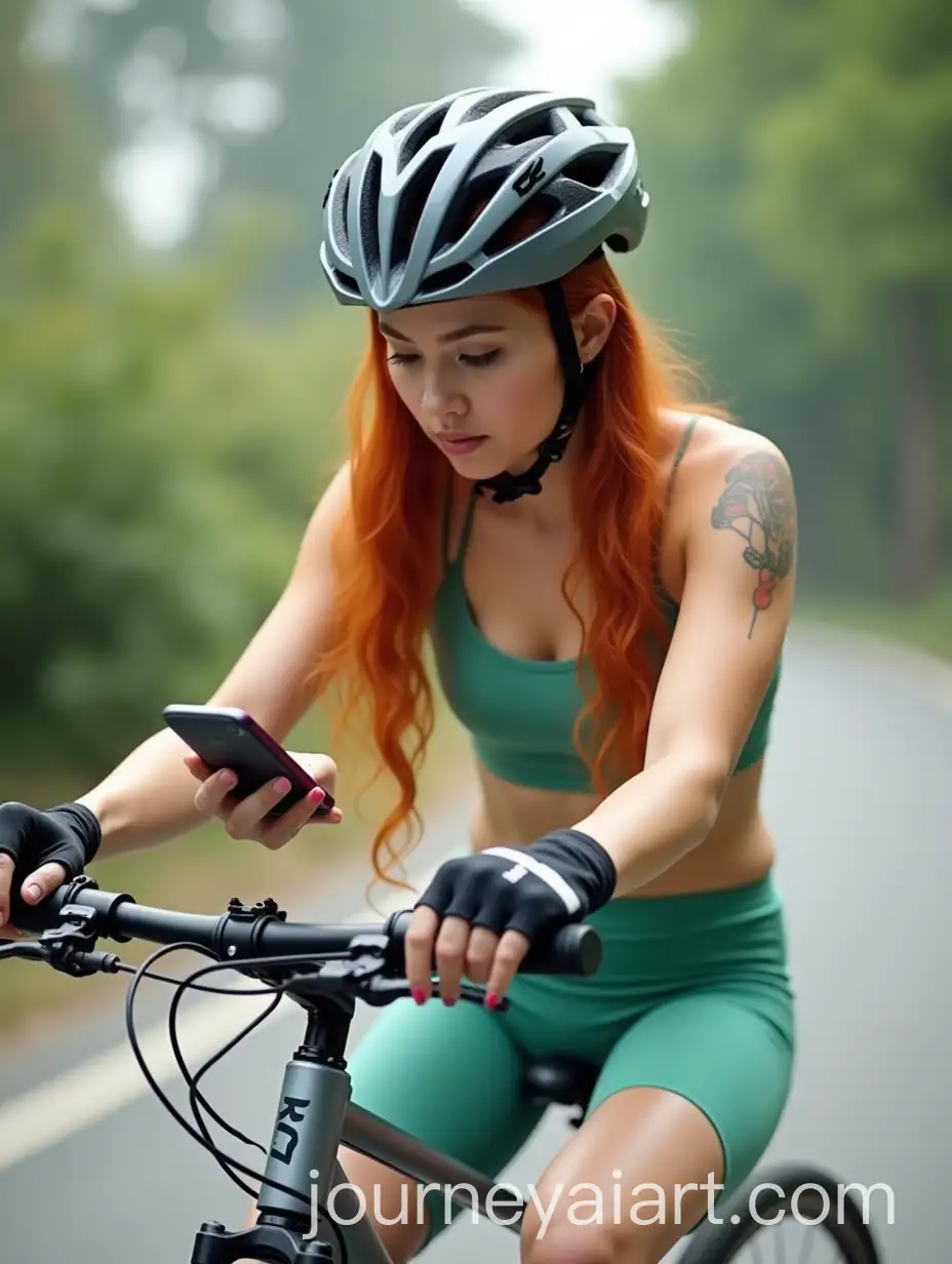 White-Female-KOL-Changing-Songs-While-Stopping-on-Bicycle-in-Sportswear