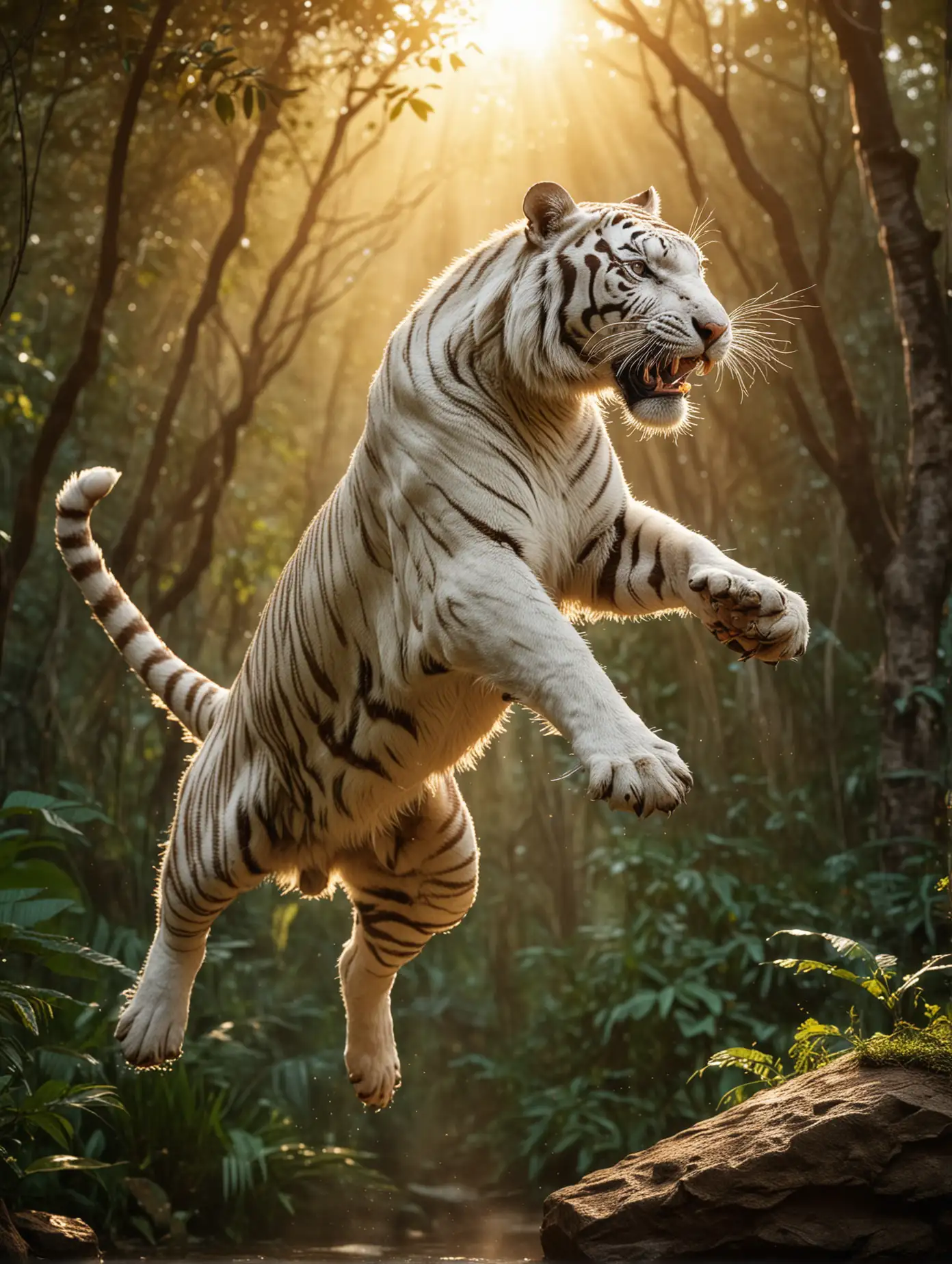 Majestic-White-Tiger-Leaping-Through-Jungle-at-Sunset