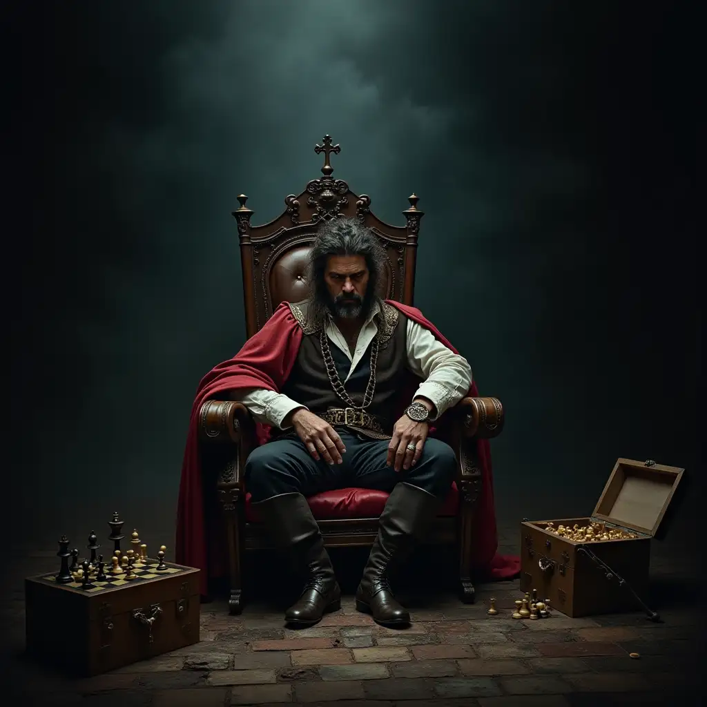 defeated pirate king sitting on his throne in a dimly lit, shadowy room. Behind him lies a modest pile of treasure, hinting at past glory. The pirate king is playing chess with an expression of disinterest, conveying a sense of melancholy and detachment.