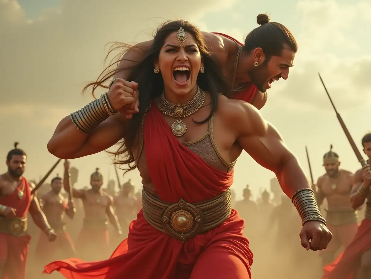 Muscular-Indian-Warrior-Woman-in-Red-Saree-Lifting-Defeated-Man-in-Battlefield