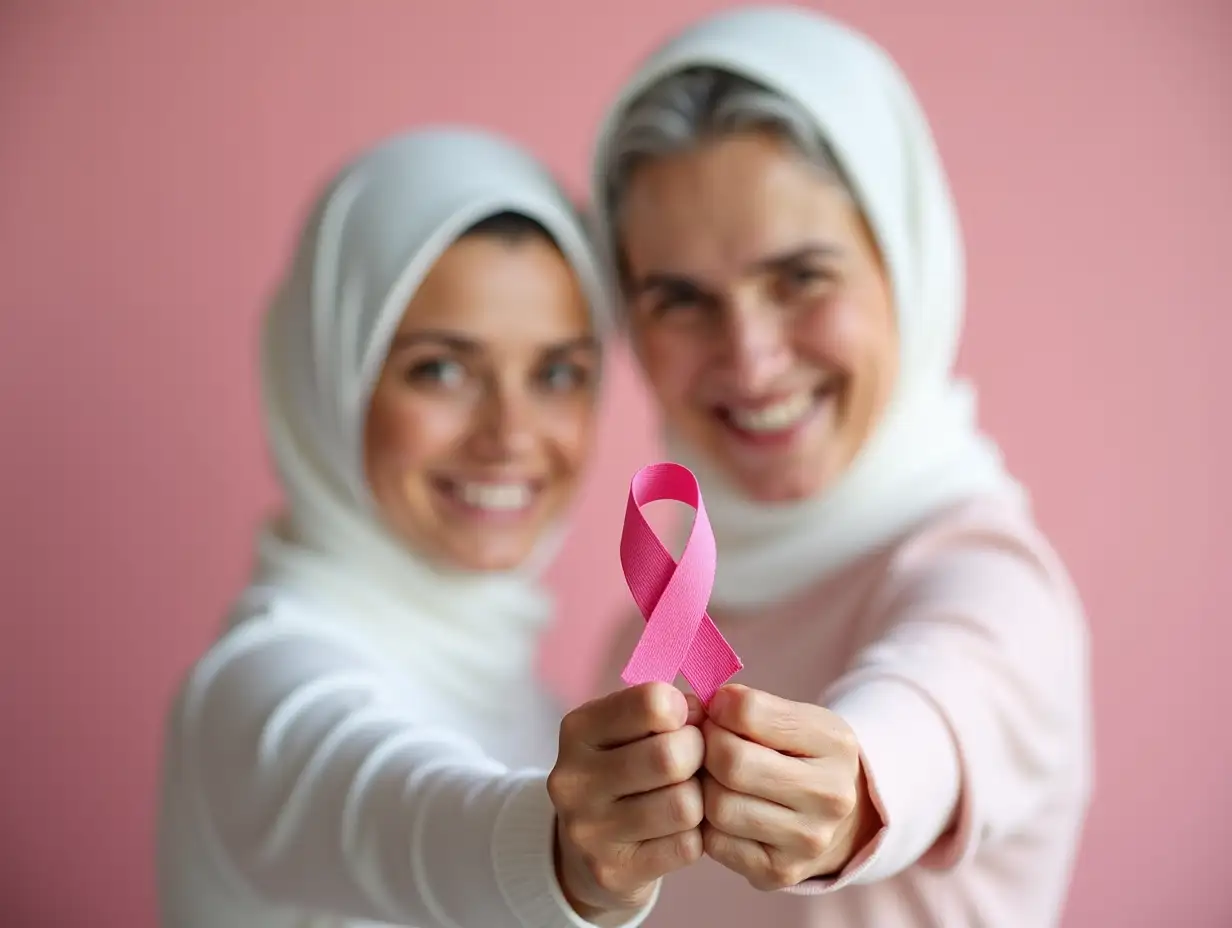 Caucasian daughter and Elderly mother in white headscarf is smiling and holding Awareness pink ribbon of common cancer is symbol of various campaign activities for patients with breast cancer.