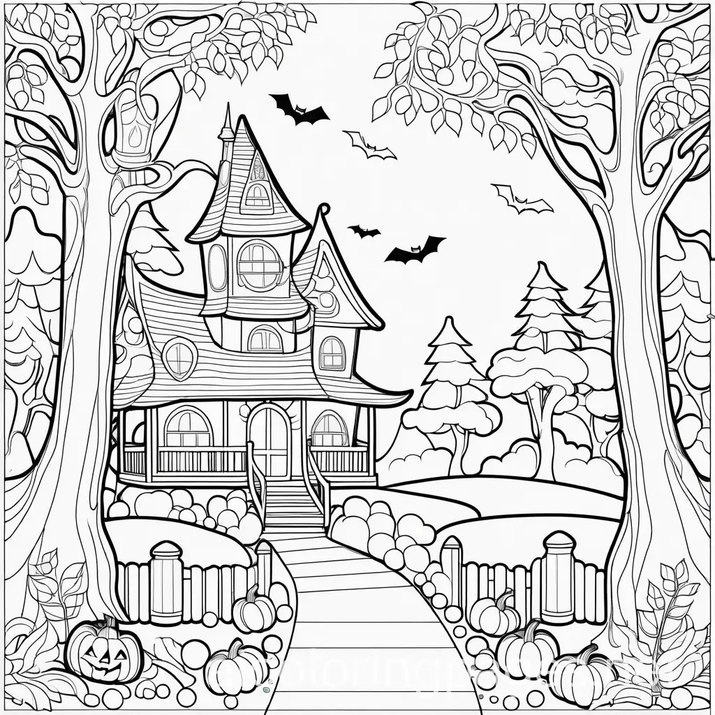 cute halloween enchanted forest, Coloring Page, black and white, line art, white background, Simplicity. The background of the coloring page is plain white to make it easy for young children to color within the lines. The outlines of all the subjects are easy to distinguish, making it simple for kids to color without too much difficulty, Coloring Page, black and white, line art, white background, Simplicity, Ample White Space. The background of the coloring page is plain white to make it easy for young children to color within the lines. The outlines of all the subjects are easy to distinguish, making it simple for kids to color without too much difficulty