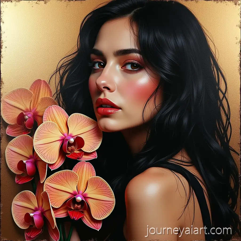 Mysterious-Woman-Holding-Orchids-in-Warm-Golden-LightMysterious-woman-with-orchids-Textured-Acrylic-Painting