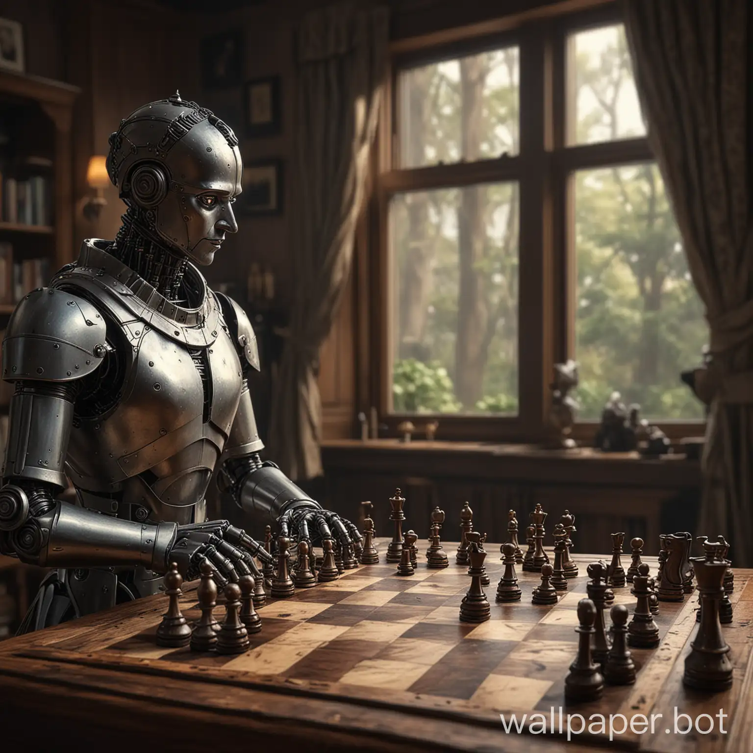 Create a high-resolution wallpaper of an AI agent playing chess versus a man. The scene should be highly detailed and realistic. The AI agent should be a humanoid robot with a sleek, modern design, sitting at a polished wooden chessboard. The chess pieces should be intricately designed, made of polished wood and metal, and arranged as if in the middle of an intense game. The background should feature a cozy study room with bookshelves, a desk lamp casting a warm glow, and a window letting in soft daylight. The overall atmosphere should be intellectual and sophisticated, with a focus on high detail and realism. The image should be taken from a point of view where you see the AI agent, the man, the chessboard in the middle of a game and at the background an opened window. 