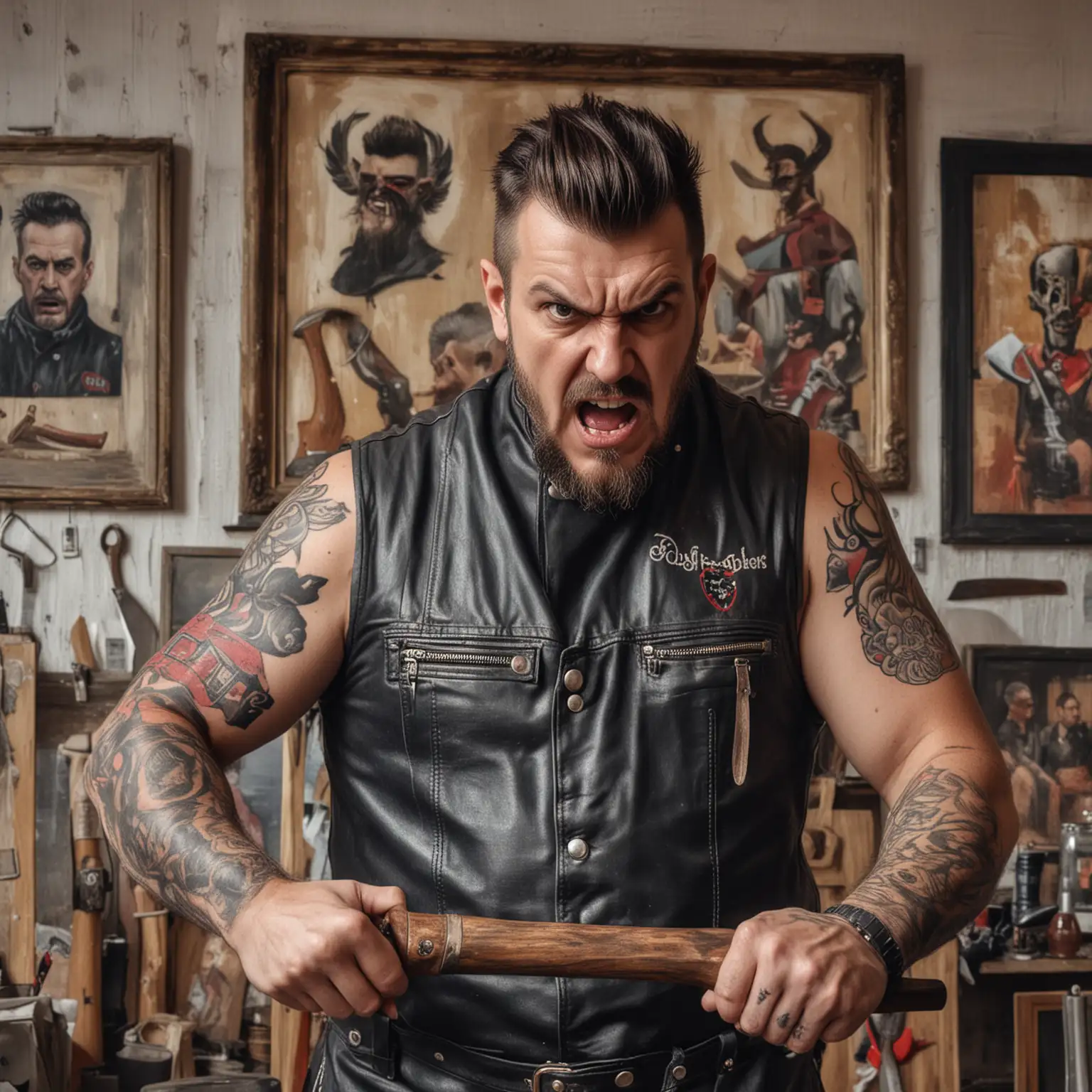 an angry barber in biker clothes, with an axe in his hand, looking angry at the camera, in a barber shop with paintings on the wall