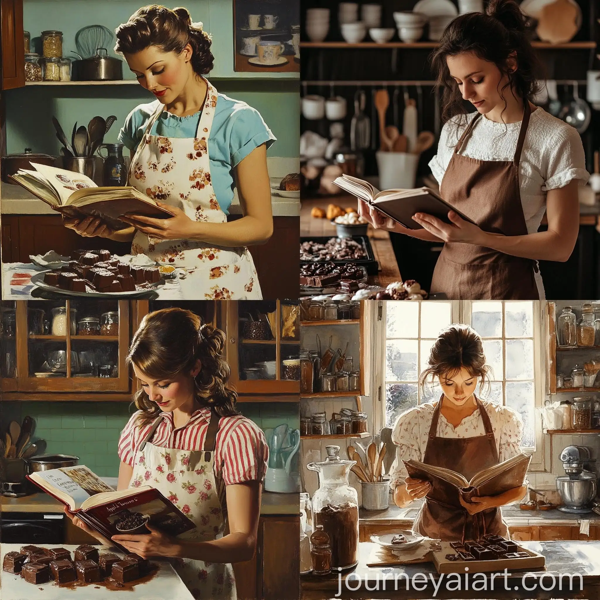 Woman-Reading-Chocolate-Recipe-Book-in-Kitchen-Apron-Preparation