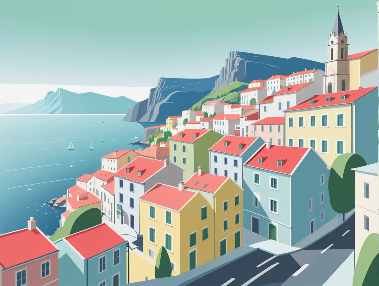 European-Cityscape-with-Sea-and-Mountain-Views-in-Pastel-Colors