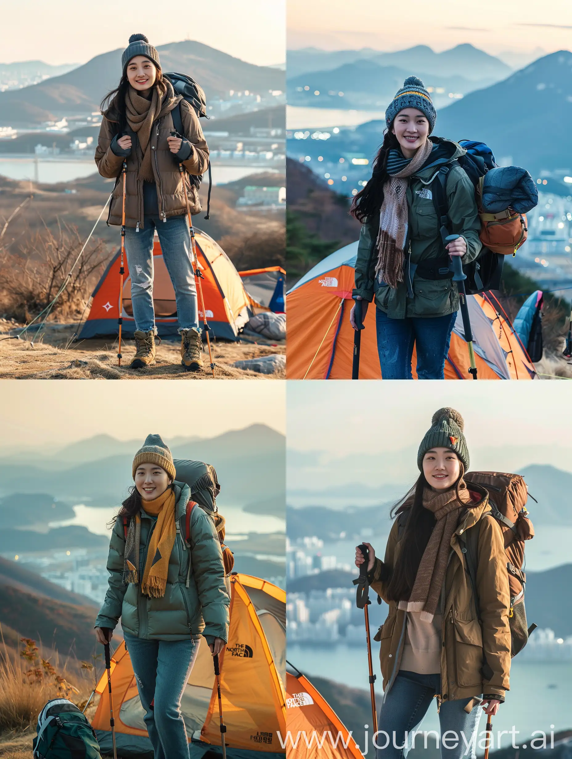 Cinematic-Photography-of-Korean-Woman-in-Trucker-Jacket-and-Beanie-Hat-with-Mountain-Landscape-and-Camping-Tent