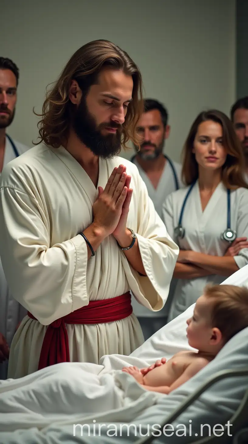 A calm looking man with long hair and a beard, wearing a white tunic with a red belt, is standing next to a sick baby in a hospital bed. He has his hands folded in prayer and a compassionate look on his face turned towards the child. Behind him, doctors and nurses observe the scene with respectful and expectant expressions. The environment is a hospital room with soft lighting, conveying an atmosphere of hope and spirituality.