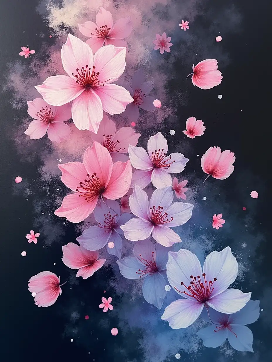 Create an abstract painting with a deep black sumi-e ink wash background, layered with pastel cherry blossom petals in soft pink, lavender, and pale blue. The petals should appear to be drifting in the wind, forming surreal, calligraphic patterns that resemble an ancient, forgotten language.