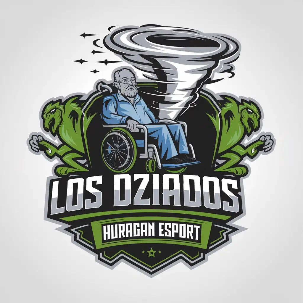 LOGO Design for Los Dziados Esport Team with Grandpa Wheelchair Tornado and Lime Green Black Theme