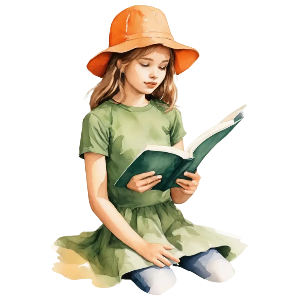 Whimsical-PNG-Image-of-a-Girl-in-a-Green-Shirt-and-Orange-Hat-Reading-a-Book-Perfect-for-Your-Creative-Projects