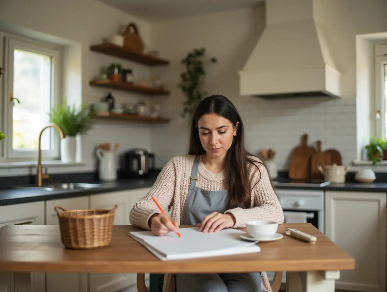 A woman sitting at a table in a kitchen, engaged in an activity