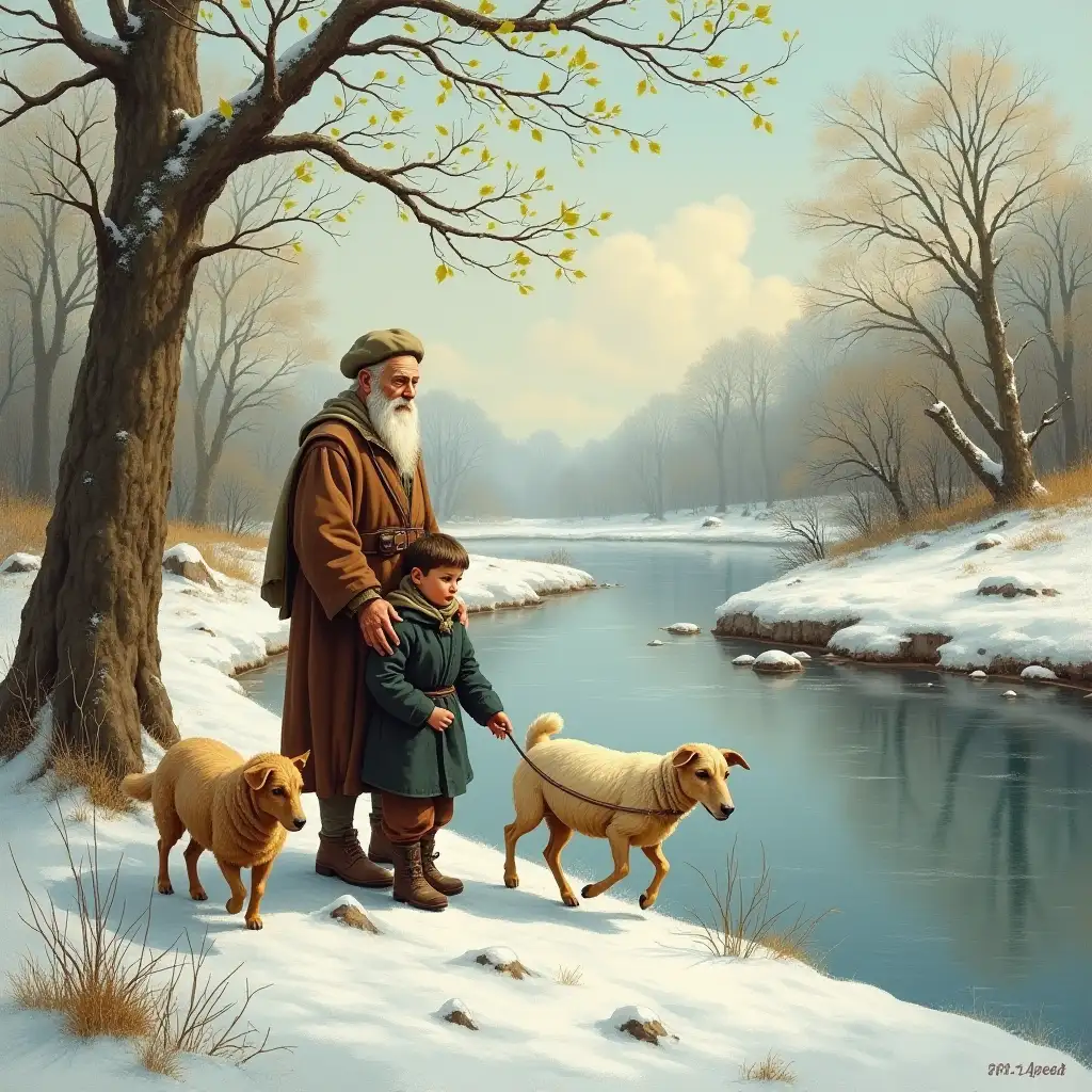 An old shepherd and his grandson, a boy shepherd with a dog, are standing near a river where the snow is melting and it's spring outside. There is also a flock of sheep nearby. The trees have green leaves on them as it's spring outside and the dog is running around