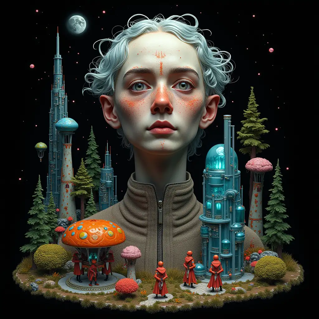 Ultradetailed hyperrealistic portrait of Multiversum time traveler with different strange beings with futuristic glass towers In the elaborately detailed, colorful forested black background