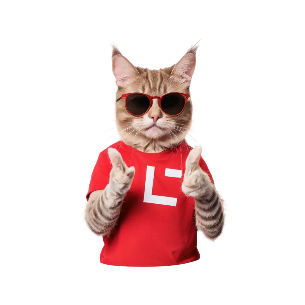 PNG-Image-Cool-Cat-in-Sunglasses-and-Red-Shirt-Making-the-Letter-L-Sign