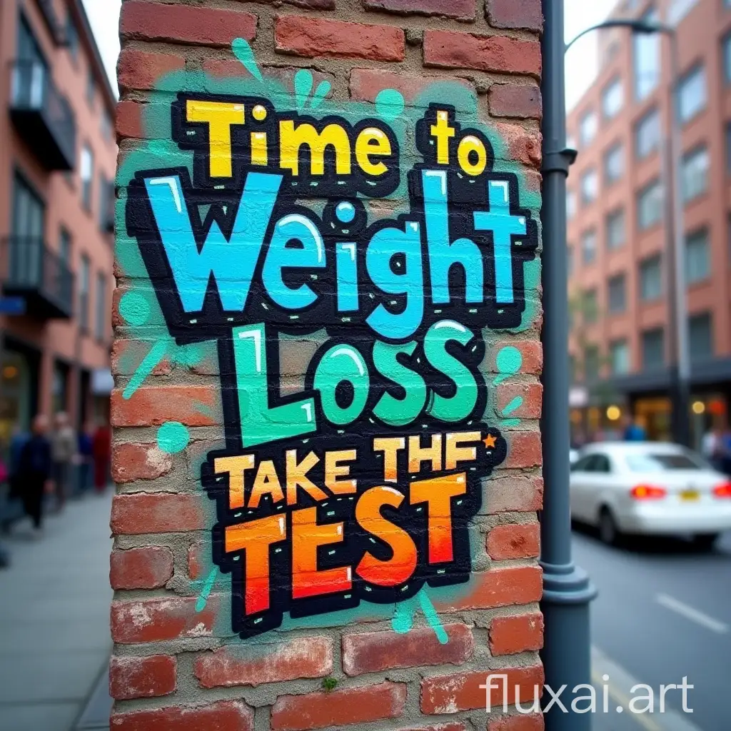 Create an image of a vibrant graffiti art on a brick wall in a bustling urban environment. The graffiti features two lines of text, artistically rendered with bold colors and dynamic fonts. The first line reads 'Time to weight loss' and is styled in large, impactful letters, possibly in shades of blue and green to signify health and vitality. The second line, 'Take the test', is directly below in a slightly smaller size but equally eye-catching, perhaps in a contrasting warm color like orange or red to grab attention. The background showcases a typical cityscape with blurred outlines of buildings and passing cars, emphasizing the wall as a canvas in the heart of the city