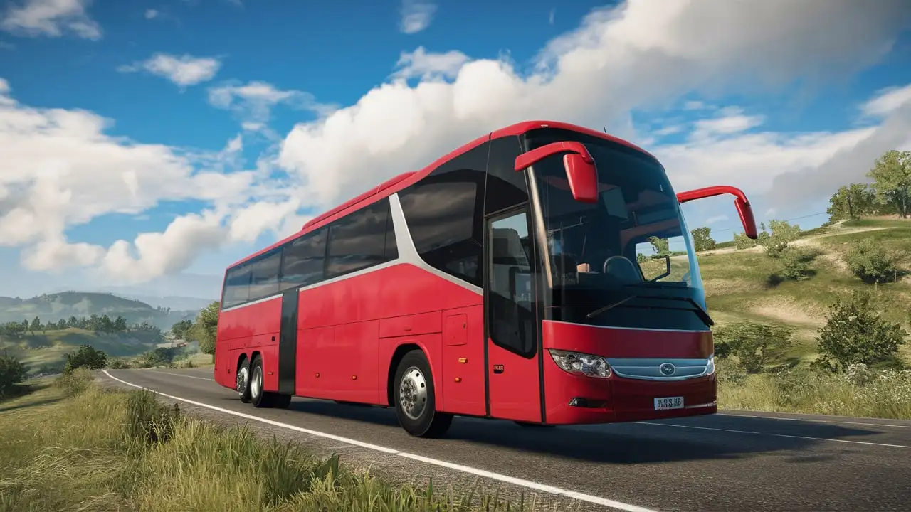 Red European Bus Driving on Scenic Road