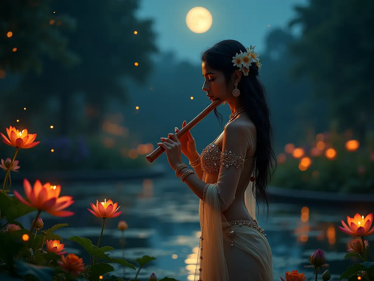 **Image Prompt:**nnA serene and enchanting scene unfolds in a lush, moonlit garden. An Indian woman stands gracefully amidst blooming jasmine and marigold flowers, her silhouette illuminated by the soft glow of the moon. She wears a translucent, flowing saree that shimmers like liquid silver, delicately draped to reveal a stylish bikini-style blouse adorned with intricate gold embroidery and tiny mirrors that catch the light. Her long, dark hair cascades down her back, adorned with fragrant flowers. She holds a traditional bamboo flute to her lips, her eyes closed in deep concentration as she plays a hauntingly beautiful melody. The air is filled with the scent of night-blooming flowers, and fireflies dance around her, adding a magical touch to the scene. The background features a tranquil lotus pond reflecting the starry sky, with faint ripples spreading across the water as if echoing her music. The atmosphere is ethereal, blending sensuality, artistry, and the timeless beauty of Indian culture.