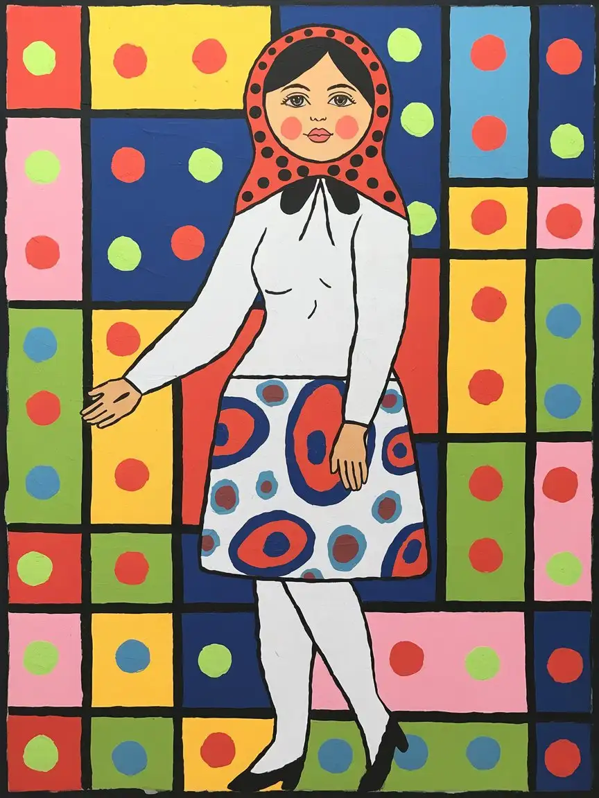 create an oil painting based on artists like Piet Mondrian and Yayoi Kusama. cubism, conceptualism, woman and abstraction, feminism, hohloma, matryoshka head