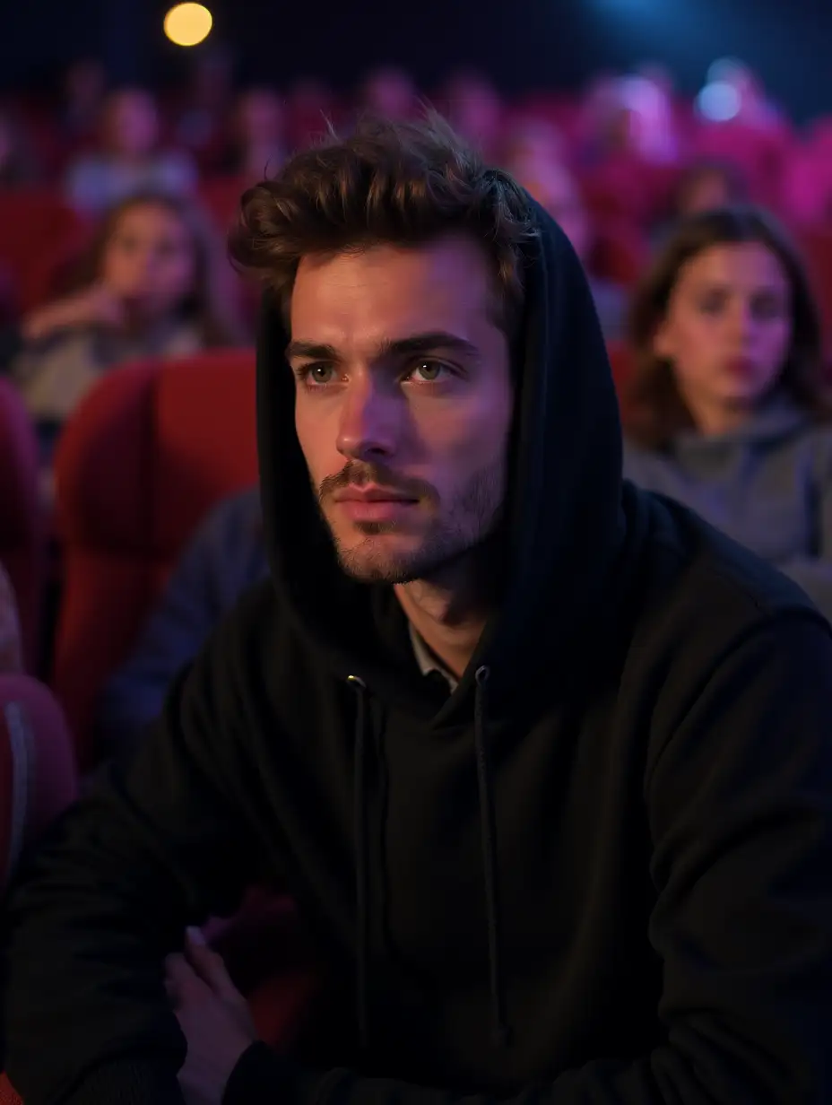 Brunette guy in a black hoodie at the cinema
