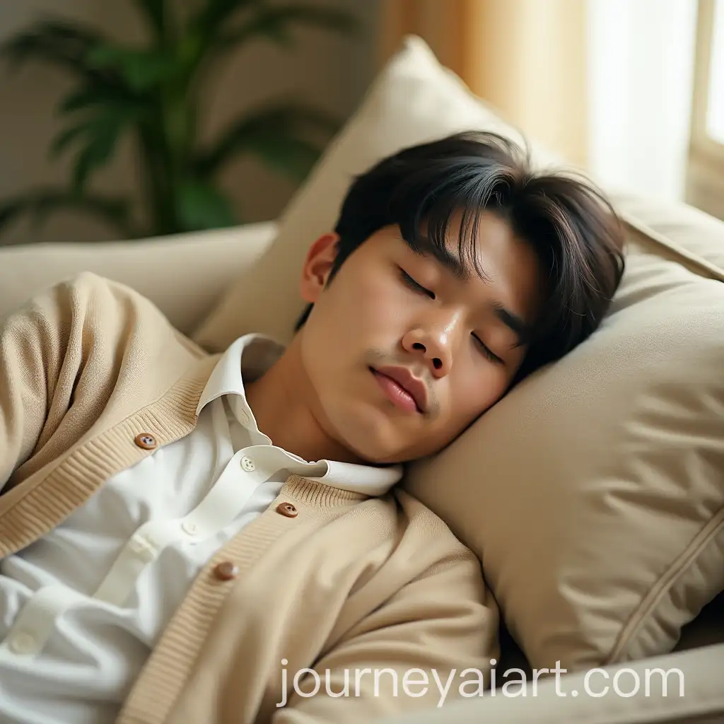 Young-Asian-Man-Sleeping-on-Beige-Couch-with-Cozy-Setting