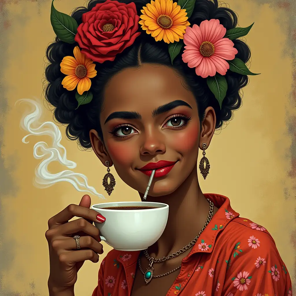 I want an image of Frida with flowers in her hair, a cigarette, drinking coffee, who is of African race and is smiling.