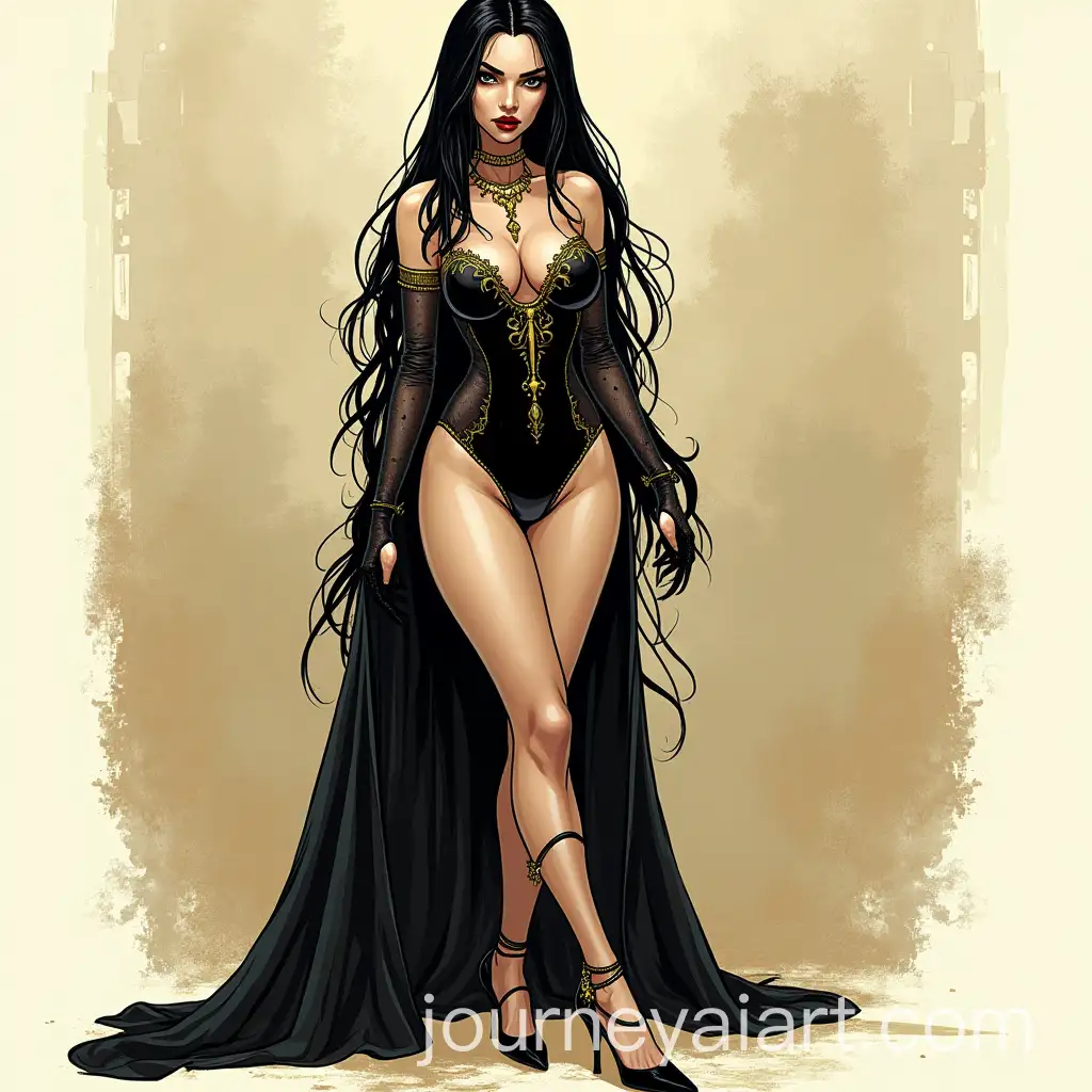 Elegant-Vampire-Woman-in-Black-and-Gold-with-Comic-Book-Style-Character-Sheet