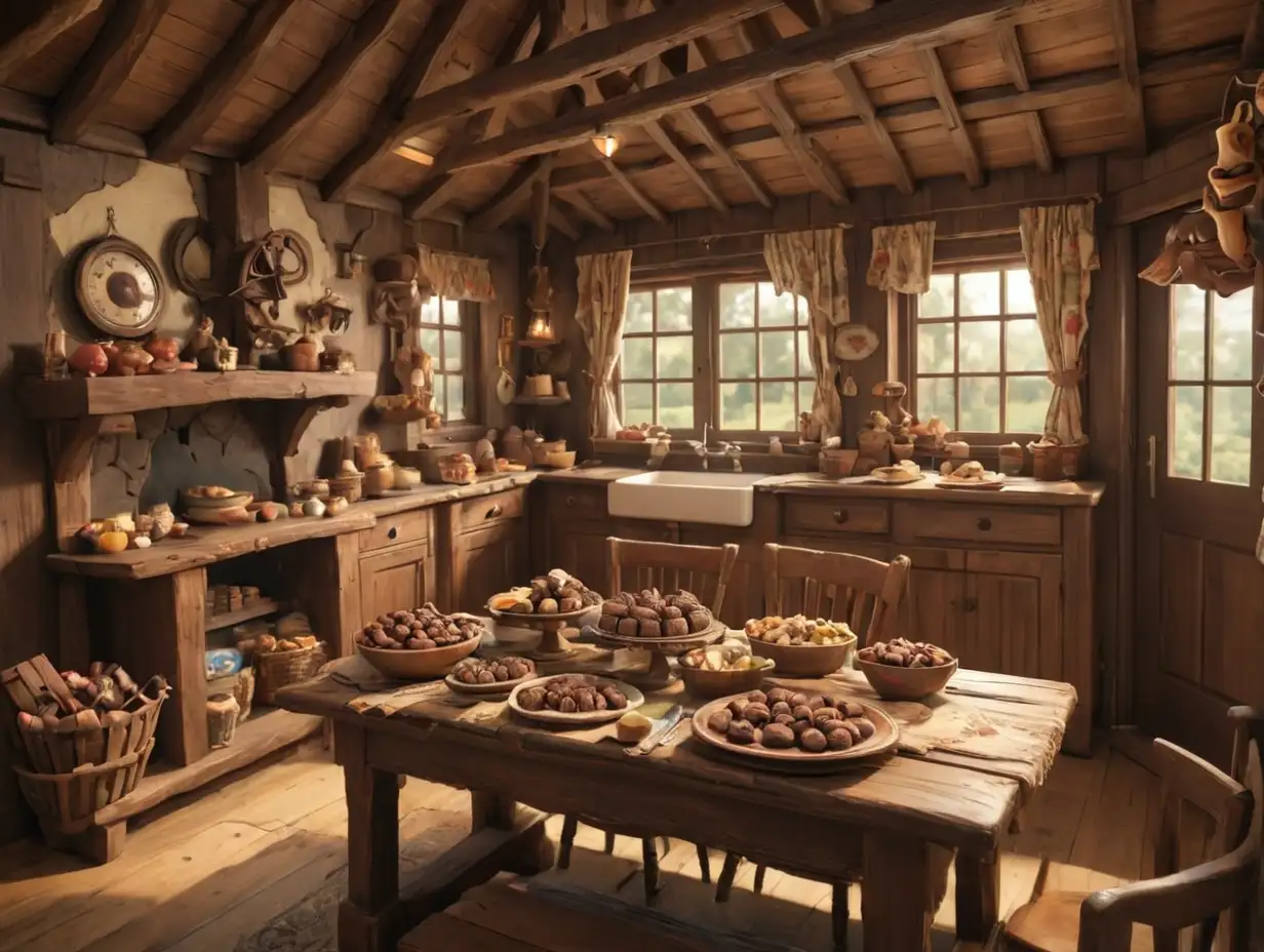 Wide-angle image of the interior of a cottage with a wooden table covered in various chocolate treats, 3d disney inspire