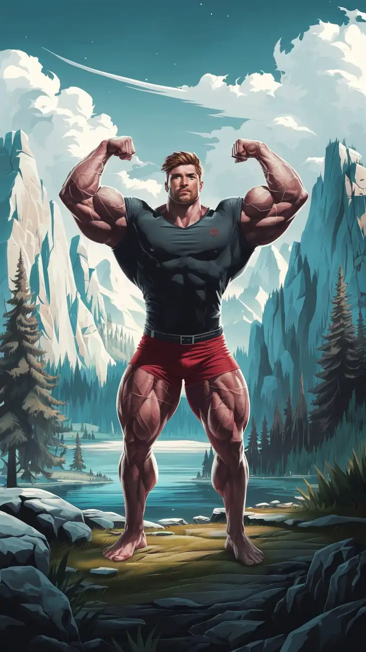 On a secluded mountain range. Supercharged brawn. Herculean powers. 27-year-old musclegod bodybuilder stands triumphantly.