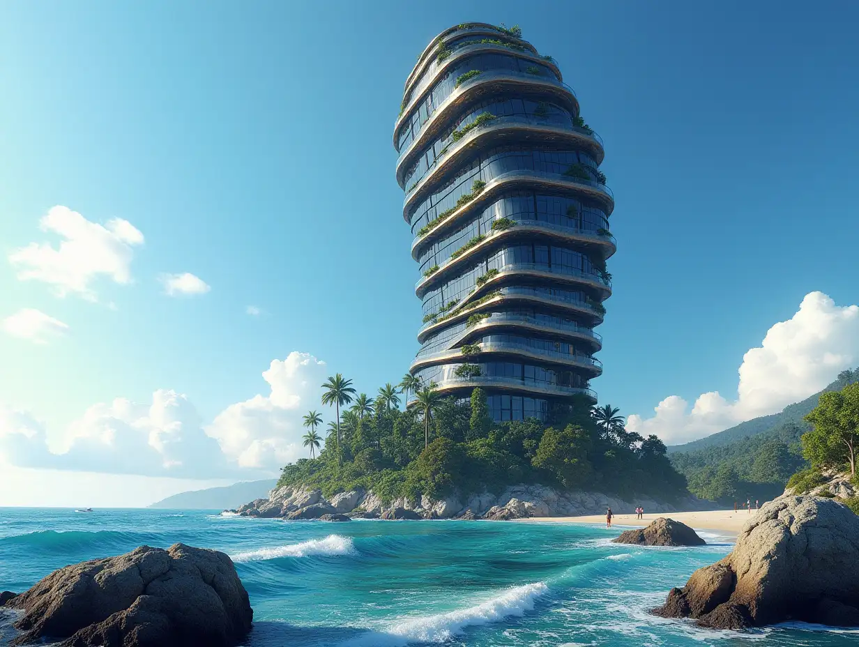 Create a high-resolution, realistic image of a very tall futuristic building with windows twisted like a snail's shell with black and gold facades with sea with very large waves, big trees, rocks blue sky