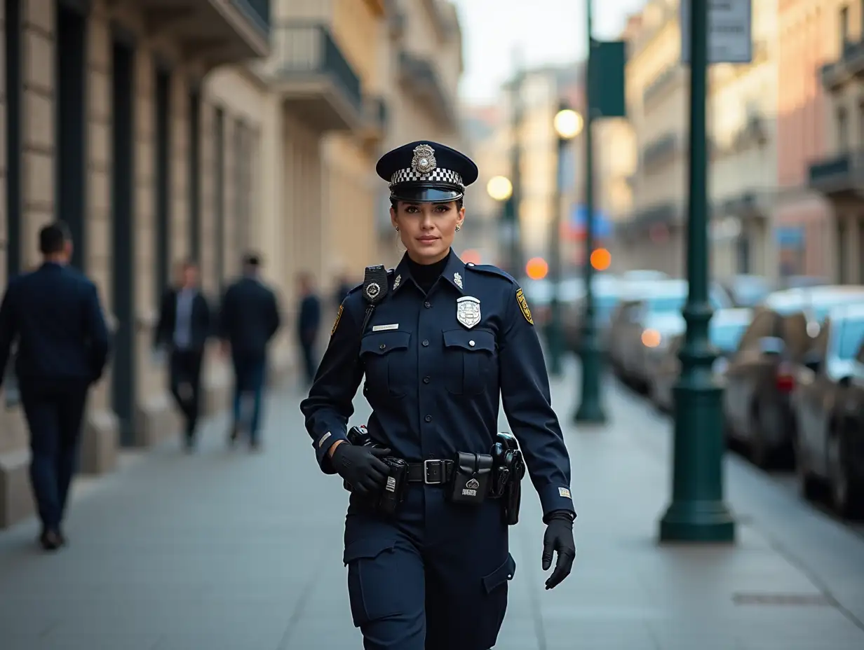 Beautiful policewoman patrolling a sidewalk in a busy street.