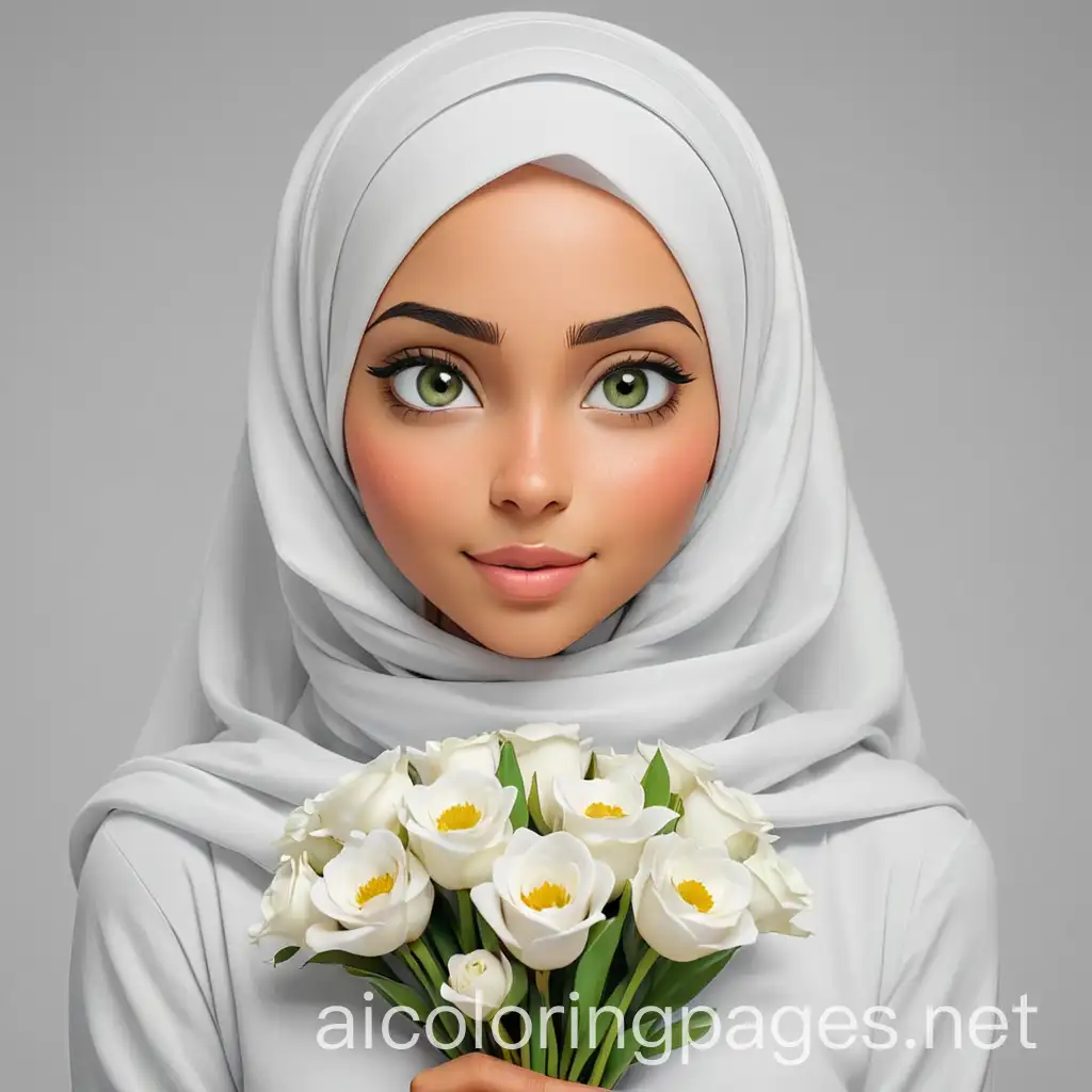 Woman-with-Light-Green-Eyes-in-Hijab-Holding-Flowers-for-Childrens-Coloring-Page