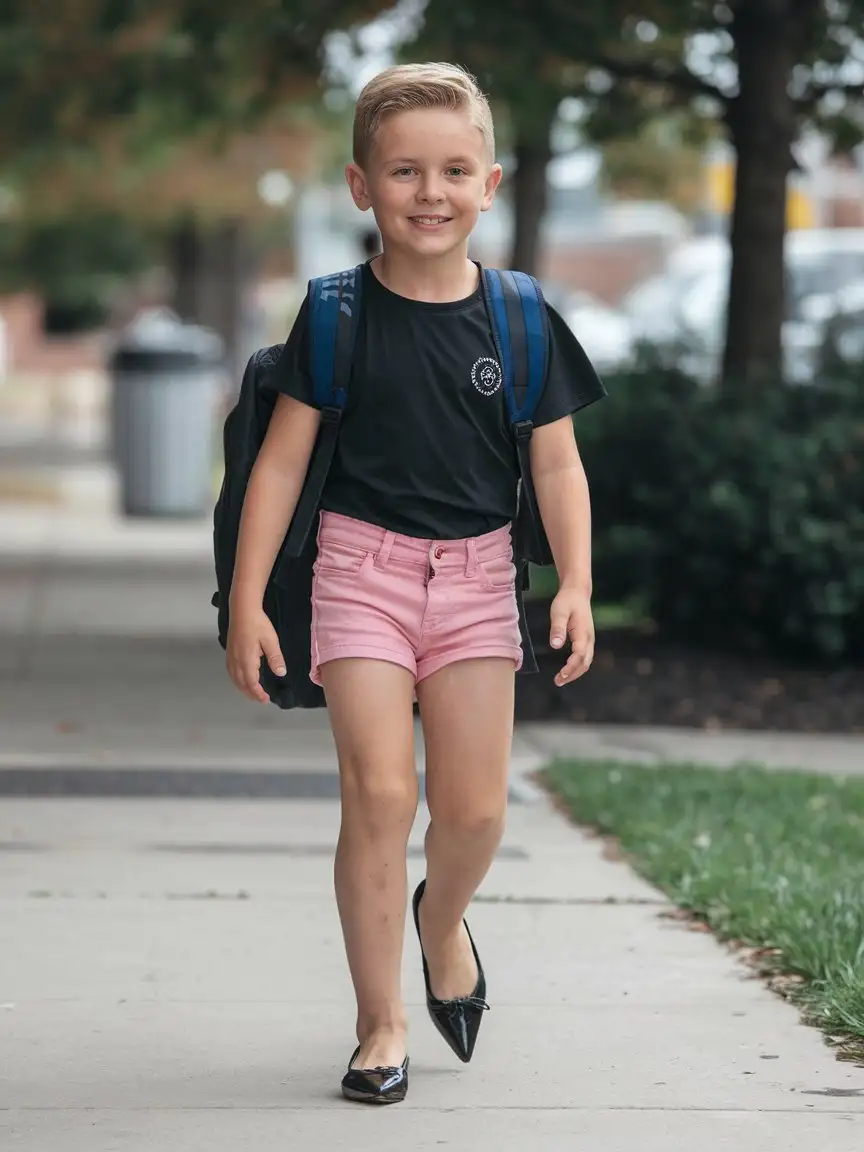 little young boy wearing black t shirt and pink hotpants jeans with black pointed toe ballet fllats and walk to school and smiling