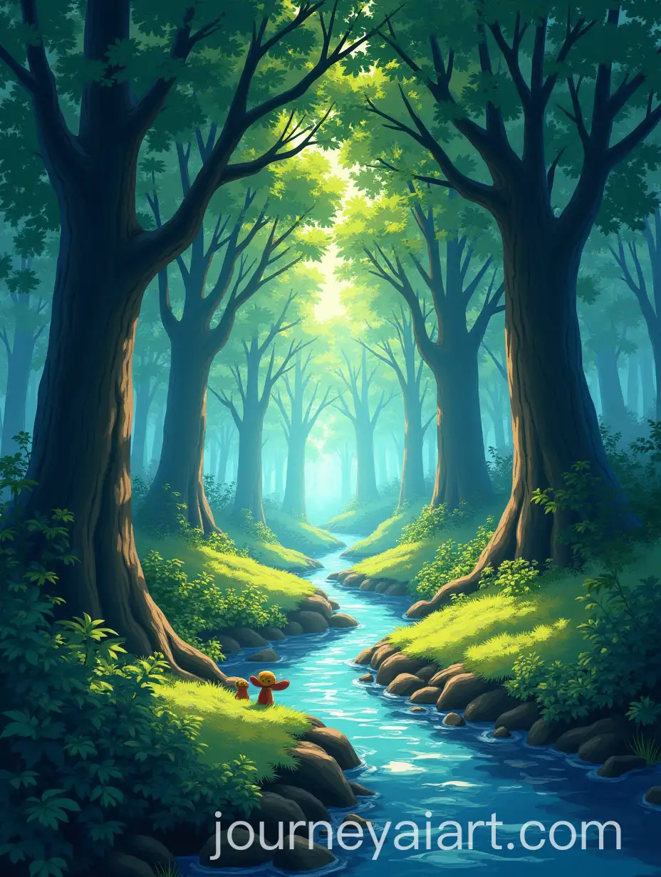 Serene-Forest-with-Ancient-Trees-and-Mystical-Creatures-Digital-Illustration-Wallpaper