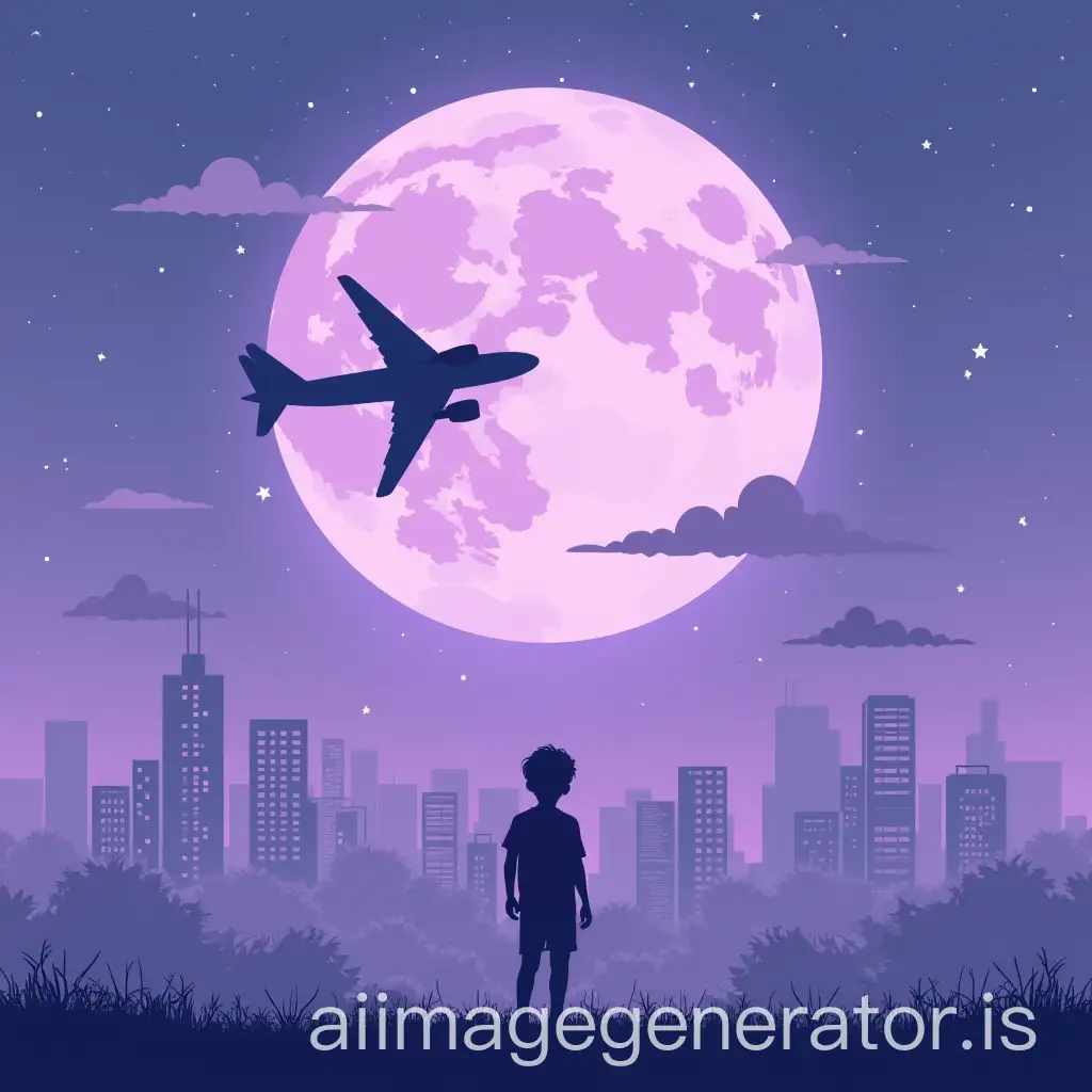 Boy-Standing-Alone-with-Plane-Taking-Off-Under-Lilac-Moon-Over-White-City