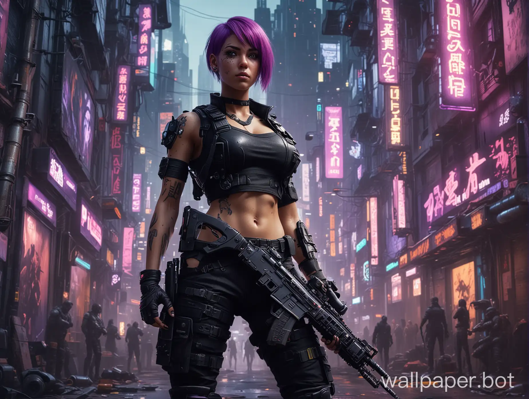 32:9 aspect ratio cyberpunk city scape with multicolored signs and neon lights. on one side of the screen a full body view of a muscular female soldier with short shaved purple hair and black cargo pants. looking through the sights of a rifle at a large black monster on the other side of the screen