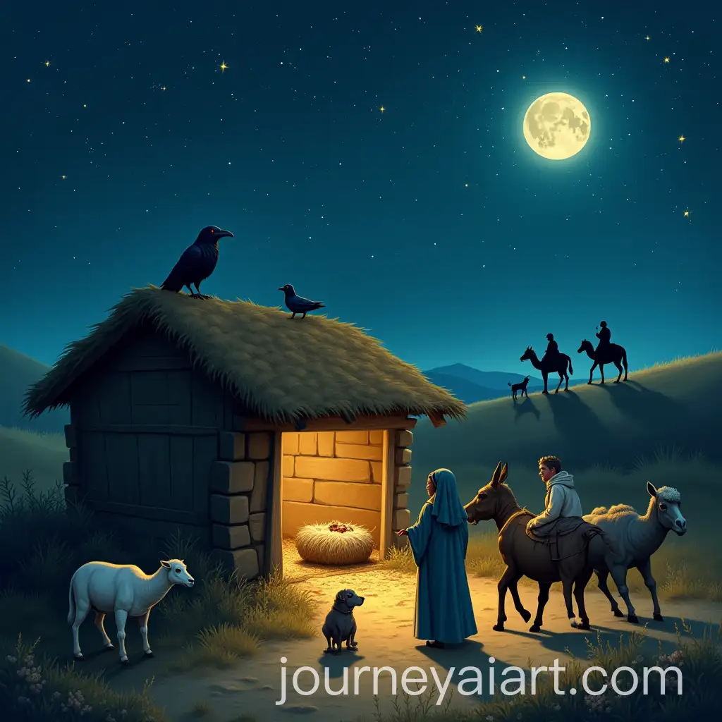 Illuminated-Night-Sky-Over-a-WornDown-Stable-with-Animals
