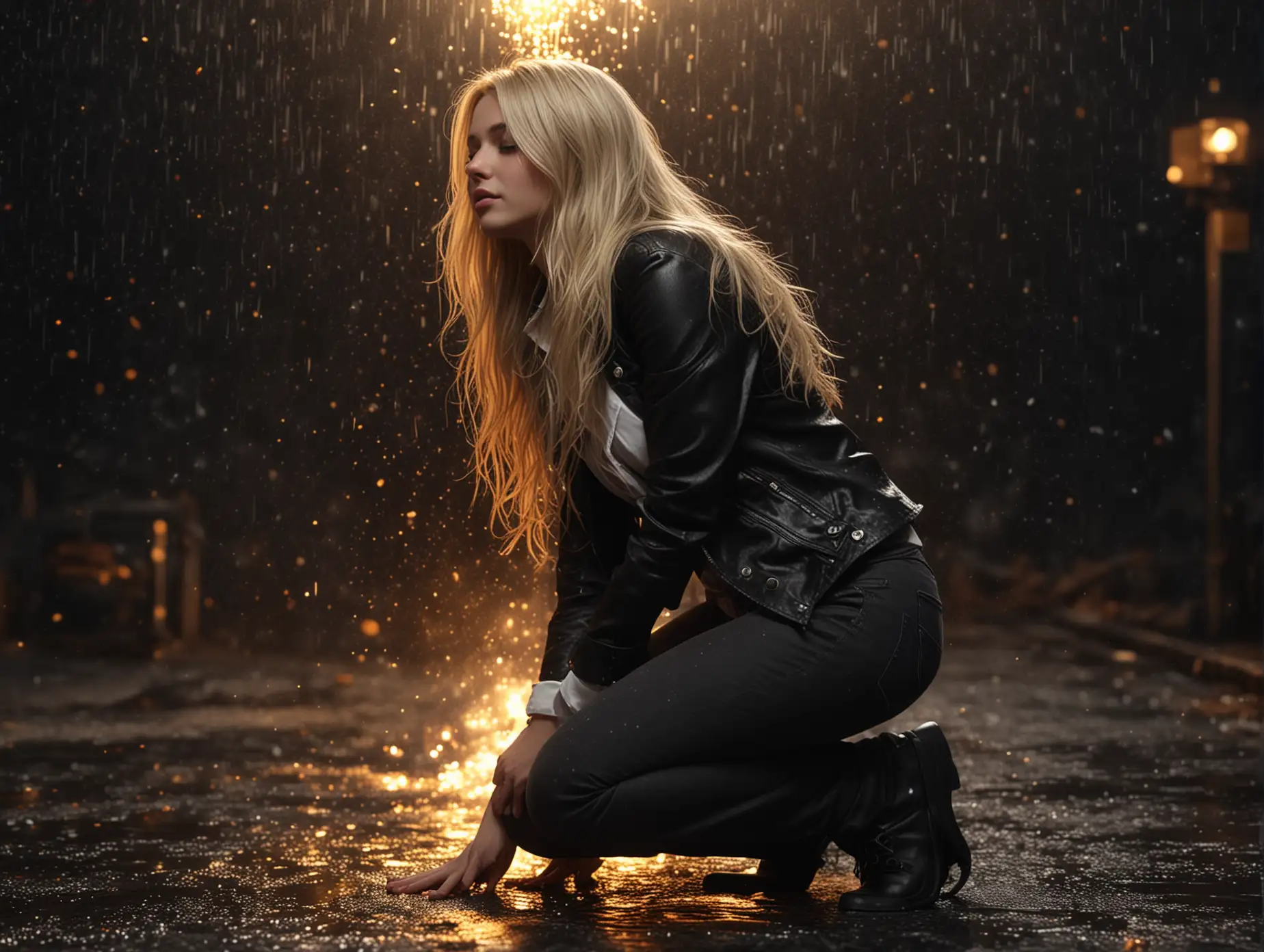 Person-with-Long-Blonde-Hair-in-Black-Jacket-Kneeling-Amidst-Golden-Sparkling-Rain-and-Fire