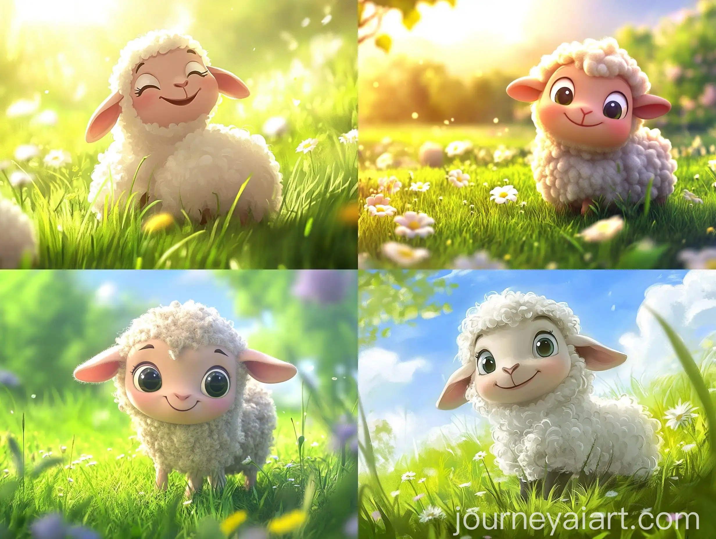 Happy-Baby-Sheep-Grazing-on-Sunny-Meadow